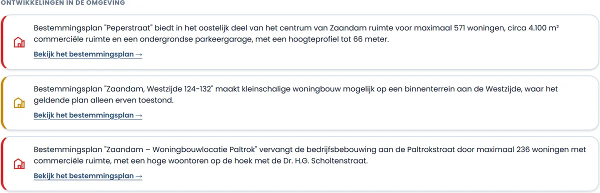 Drie geldende bestemmingsplannen binnen honderd meter van een woning, met per plan een link naar het plan zelf