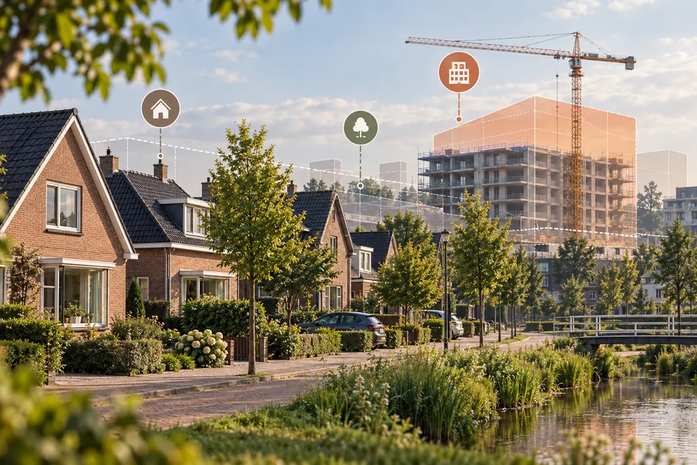 Woonstraat met eengezinswoningen en verderop een appartementencomplex in aanbouw, met markeringen die aangeven wat het plan op die plek toestaat
