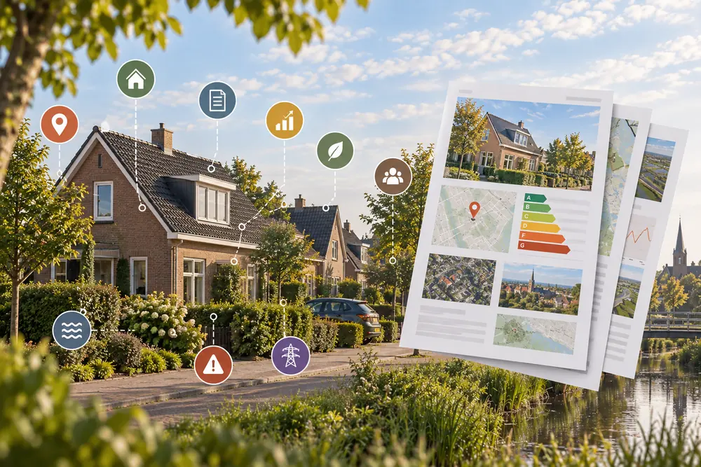 Woning in een straat met markeringen voor de onderwerpen uit het rapport, met daarnaast pagina's uit een woningrapport met kaart, luchtfoto en energielabel