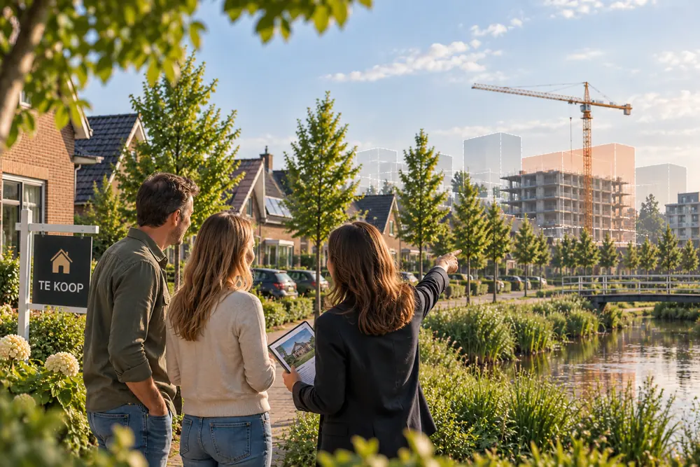Makelaar wijst twee kopers bij een te koop staande woning op de nieuwbouw verderop in de straat, met een woningrapport op haar tablet