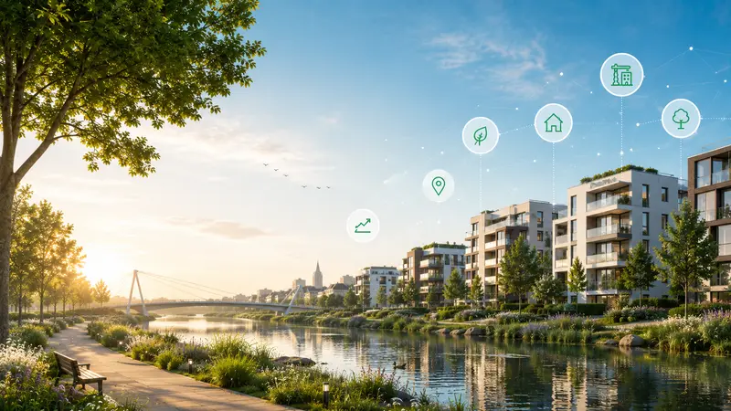 Woonwijk aan het water met appartementen en een wandelpad in de avondzon